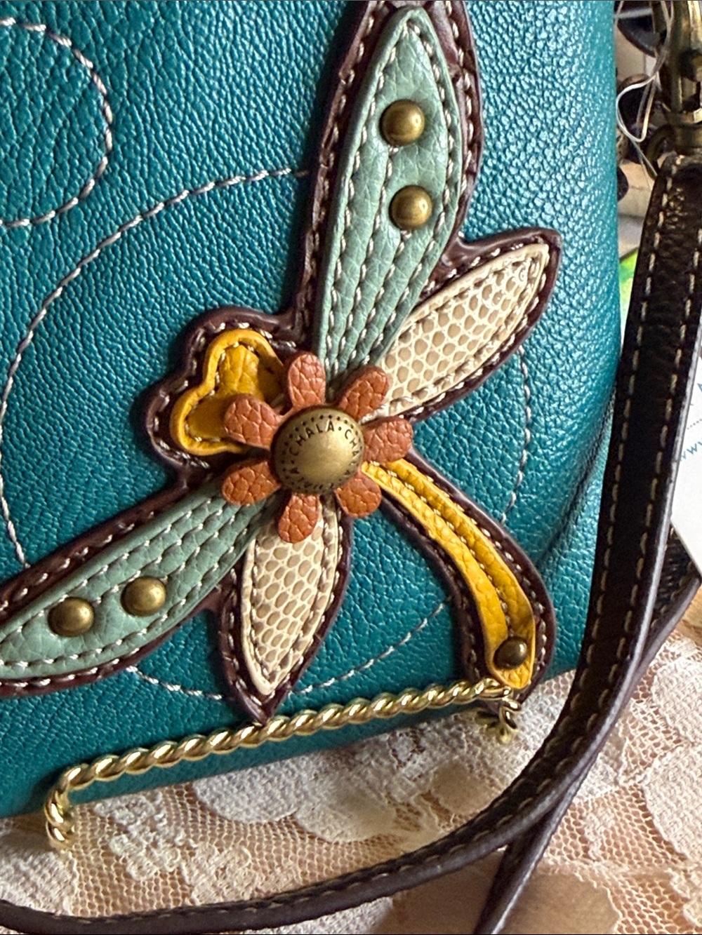 Chala Teal Dragonfly Crossbody Bag with Multicolor Applique - Picture 7 of 7